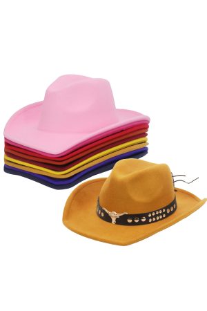 Gold Longhorn Emblem Dome Studded Belt Solid Felt Cowboy Hat