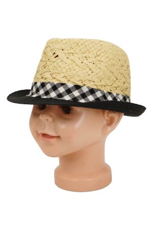 Kids Fixed Size Black Gingham Woven Paper Straw Fedora