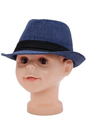 Kids Fixed Size Black Band Open Weave Paper Straw Fedora