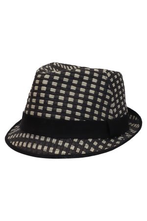 Two-Tone Checkered Woven Straw Fedora Hat