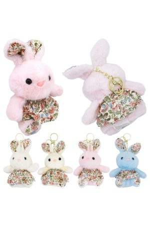 Cute Floral Dress Bunny Rabbit Soft Fur Plush Doll Keychain