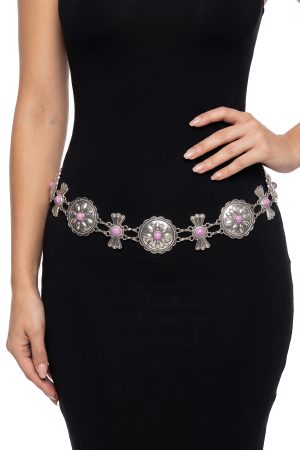 Faux Gemstone Scalloped Concho Charm Chain Fashion Belt