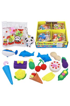 Assorted Animals Food Fashion Eraser Pouch Keychain - 12 Pcs
