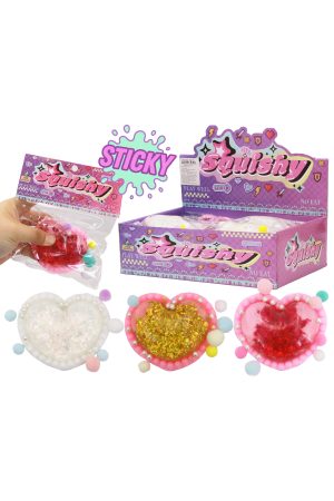 Glittery Heart Pearl Bead Pom Pom Mochi Sticky Squishy