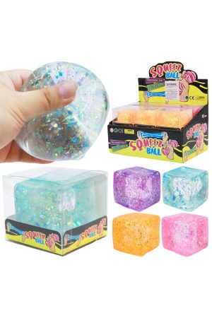 Shimmery Glitter Cube Putty Filled Squishy - 12 Pcs