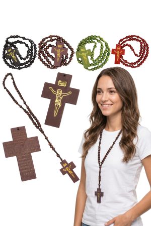 Jesus Print True Cross Wood Prayer Beads Rosary Necklace