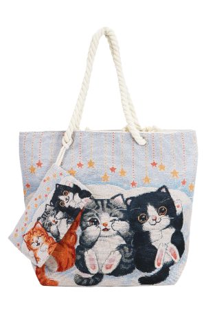 Cat Kitten Trios Zippered Canvas Tote Bag w/ Pouch