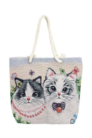 Kitty Cat Duo Clover Garden Zippered Canvas Tote Bag