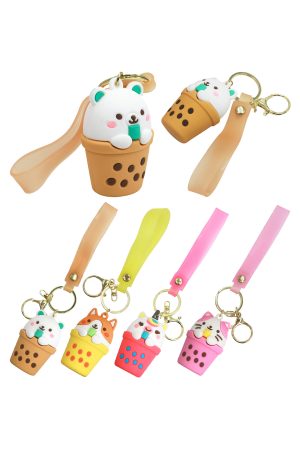 Cute Kawaii Animal Boba Tea 3D Silicone Key Chain w/ Lanyard