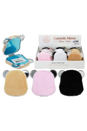 Bear Ears Soft Fuzzy Faux Fur Compact Mirror - 12 Pcs