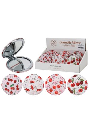 Cherry Glittery Circular Round Compact Mirror - 12 Pcs