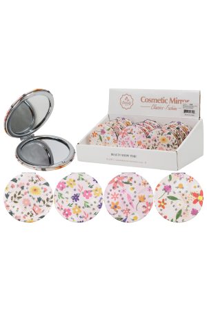 Floral Glittery Circular Round Compact Mirror - 12 Pcs
