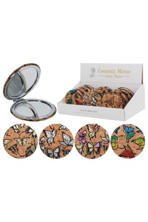 Butterfly Leather Cork Circular Round Compact Mirror - 12 Pc