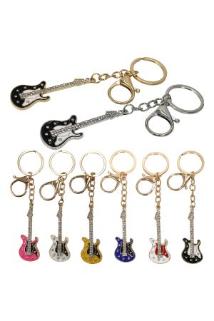 Rock Metal Guitar Bling Rhinestone Key Chain - 12 Pcs
