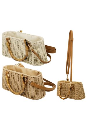 Faux Wood Handle Rattan Wicker Crossbody Hand Bag