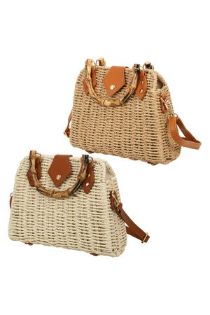 Faux Wood Handle Snap Closure Wicker Crossbody Hand Bag