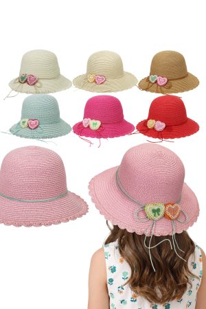 Kids Crochet Lace Ribbon Heart Scallop Ruffled Straw Sun Hat