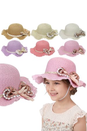 Kids Floral Lace Ribbon Scallop Ruffled Straw Sun Hat