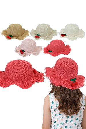 Kids Crochet Cherry Scallop Ruffled Straw Sun Hat