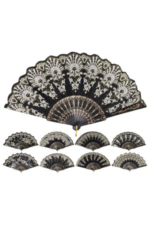 Gold Floral Assorted Glitter Black Handheld Folding Fan
