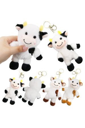Cute Smiling Cow Fuzzy Faux Fur Plush Doll Keychain