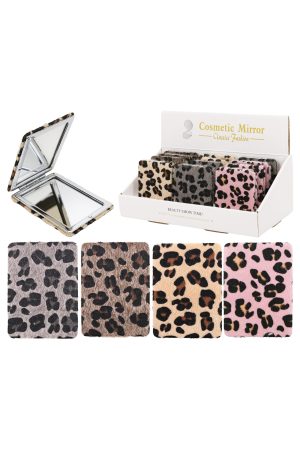 Leopard Print Fuzzy Faux Fur Compact Mirror - 12 Pcs