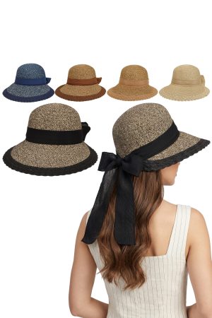Mixed Color Grain Straw Ribbon Bow Scallop Edge Sun Hat