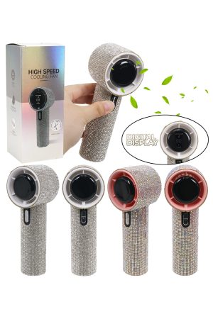 Bling Rhinestone Handheld Electric Fan w/ Digital Display