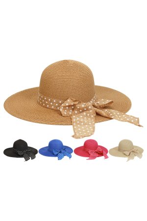 Polka Dot Weaved Ribbon Band Straw Floppy Sun Hat