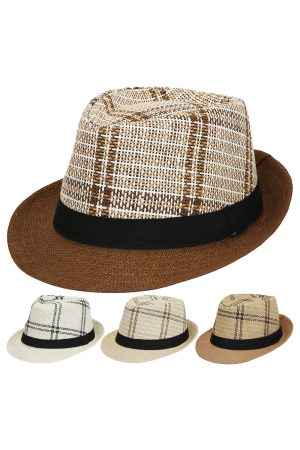 Solid Brim Checkered Woven Crown Straw Fedora