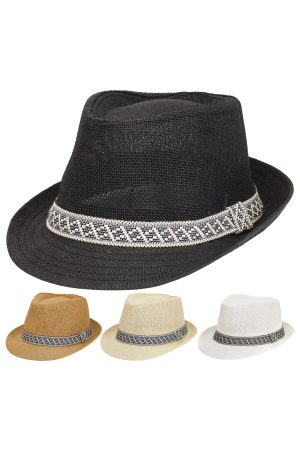 Geometric Diamond Woven Band Solid Crown Straw Fedora