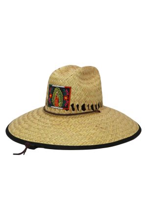 Our Lady of Guadalupe Patch Black Rim Straw Lifeguard Hat