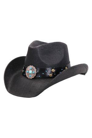 Faux Turquoise Concho Studded Western Straw Cowboy Hat
