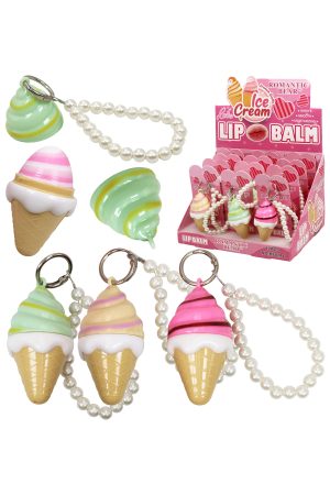 Soft Serve Ice Cream Pearl Lanyard Scented Lip Balm - 12 Pcs