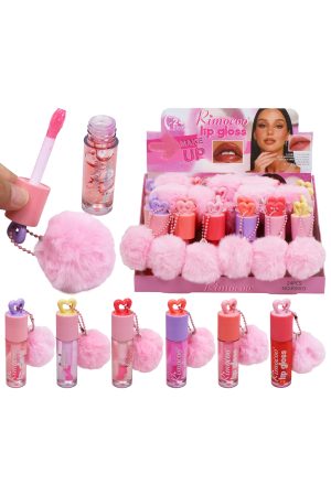 Fuzzy Pink Pom Pom Key Chain Heart Tinted Lip Gloss - 24 Pcs