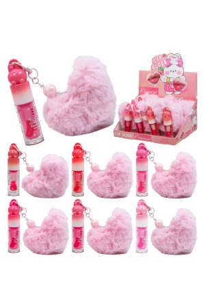 Fuzzy Pink Heart Pom Pom Key Chain Tinted Lip Gloss - 12 Pcs