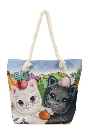 Kitty Cat Duo Assorted Fruits Zippered Canvas Tote Bag