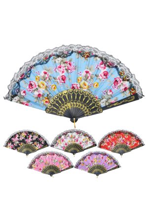 Roses Black Lace Trim Black Base Hand-held Folding Fan
