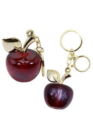 3D Glittery Deep Red Apple Golden Charm Key Chain