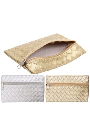 Compact Metallic Woven Zippered Clutch Pouch