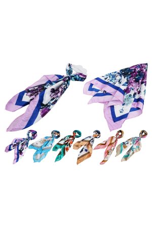 Botanical Roses Print Faux Satin Square Scarf w/ Ring Slide