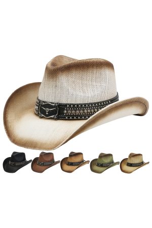 Black Longhorn Emblem Studded Belt Western Straw Cowboy Hat