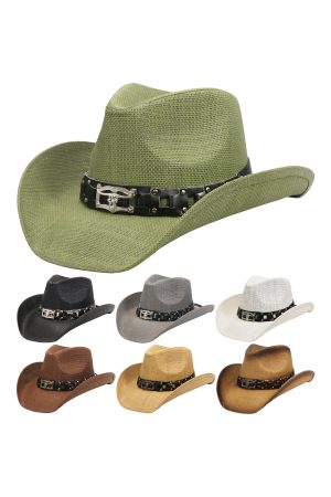 Longhorn Woven Cut-Out Studded Belt Western Straw Cowboy Hat