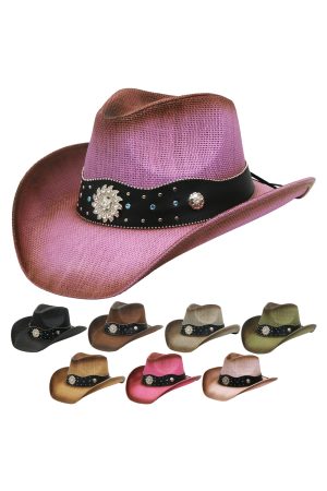 Bling Sunflower Blue Accent Studded Belt Straw Cowboy Hat