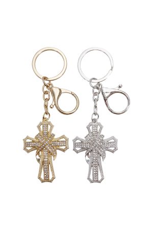 Ribboned Cross Bling Rhinestone Metal Alloy Keychain
