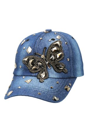 Chrome Butterfly Bling Rhinestone Denim Baseball Cap