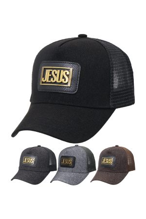Jesus Metal Faux Leather Patch Heathered Trucker Hat