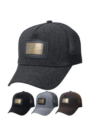 USA Flag Metal Faux Leather Patch Heathered Trucker Hat