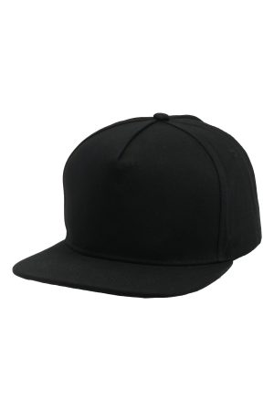 Black Solid Color 5 Panel Flat Bill Twill Cotton Snapback