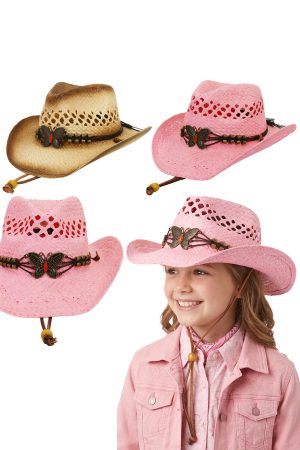 Kids Butterfly Faux Leather String Belt Straw Cowboy Hat